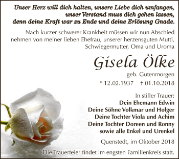 Traueranzeige von Gisela Ölke von Super Sonntag Mansfelder Land