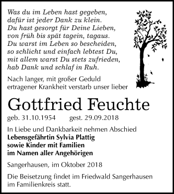 Traueranzeige von Gottfried Feuchte von Mitteldeutsche Zeitung