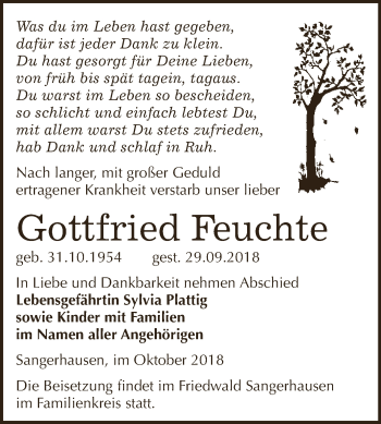 Traueranzeige von Gottfried Feuchte von Super Sonntag SGH Mansf. Land