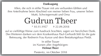 Traueranzeige von Gudrun Theer von Super Sonntag Wittenberg