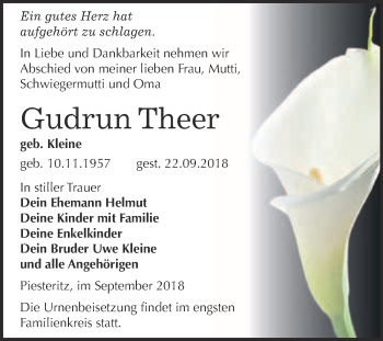 Traueranzeige von Gudrun Theer von Super Sonntag Wittenberg