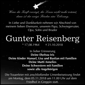 Traueranzeige von Gunter Reisenberg von WVG - Wochenspiegel Bitterfeld