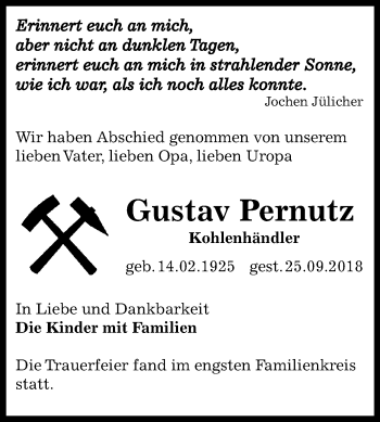 Traueranzeige von Gustav Pernutz von Mitteldeutsche Zeitung Aschersleben