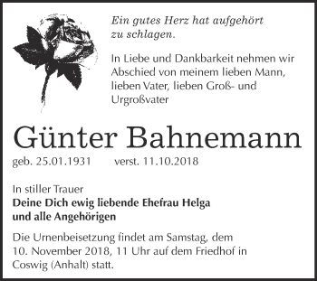 Traueranzeige von Günter Bahnemann von Super Sonntag Wittenberg