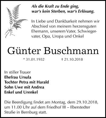 Traueranzeige von Günter Buschmann von Mitteldeutsche Zeitung Bernburg