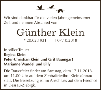 Traueranzeige von Günther Klein von WVG - Wochenspiegel Dessau / Köthen