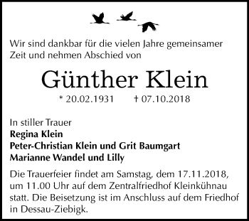 Traueranzeige von Günther Klein von Mitteldeutsche Zeitung Dessau-Roßlau