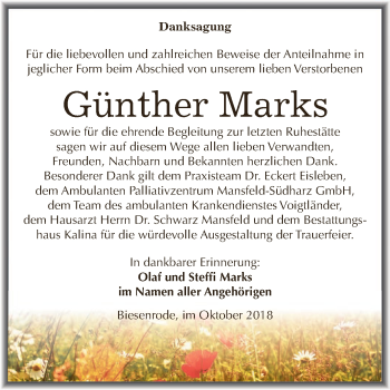 Traueranzeige von Günther Marks von Super Sonntag SGH Mansf. Land
