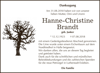 Traueranzeige von Hanne-Christine Brandt von Wochenspiegel Mansfelder Land