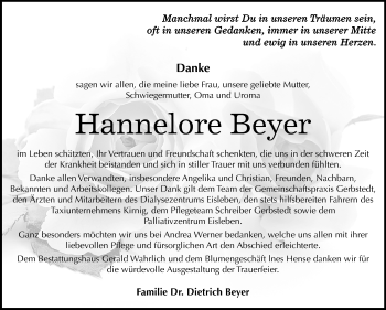 Traueranzeige von Hannelore Beyer von Mitteldeutsche Zeitung