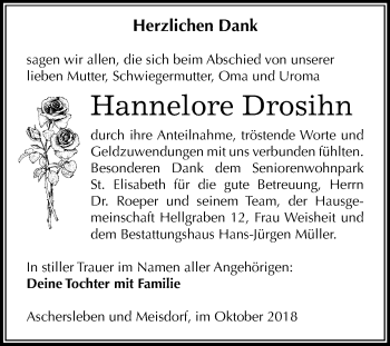 Traueranzeige von Hannelore Drosihn von Mitteldeutsche Zeitung Aschersleben