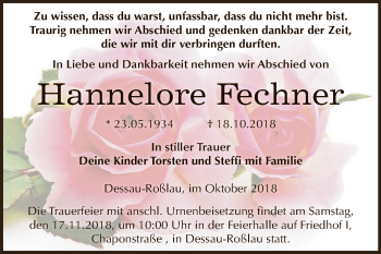 Traueranzeige von Hannelore Fechner von WVG - Wochenspiegel Dessau / Köthen