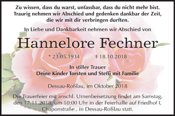 Traueranzeige von Hannelore Fechner von Mitteldeutsche Zeitung Dessau-Roßlau