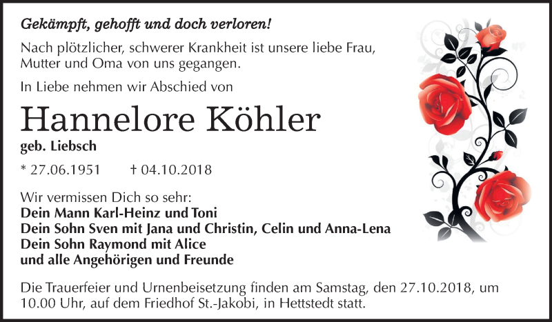  Traueranzeige für Hannelore Köhler vom 17.10.2018 aus Mitteldeutsche Zeitung
