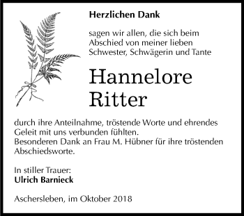 Traueranzeige von Hannelore Ritter von Mitteldeutsche Zeitung Aschersleben