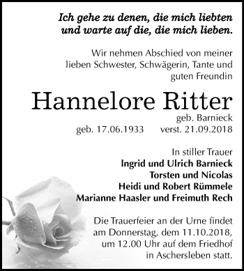 Traueranzeige von Hannelore Ritter von Mitteldeutsche Zeitung Aschersleben
