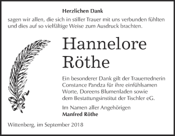 Traueranzeige von Hannelore Röthe von WVG - Wochenspiegel Wittenberg
