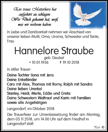 Traueranzeige von Hannelore Straube von Mitteldeutsche Zeitung Weißenfels