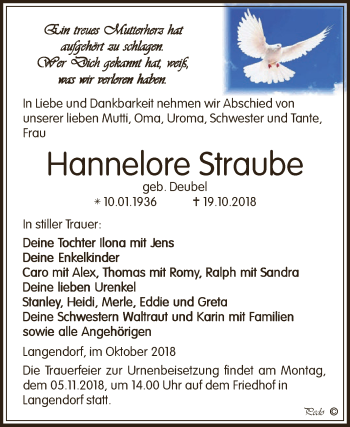 Traueranzeige von Hannelore Straube von WVG - Wochenspiegel NMB / WSF / ZTZ