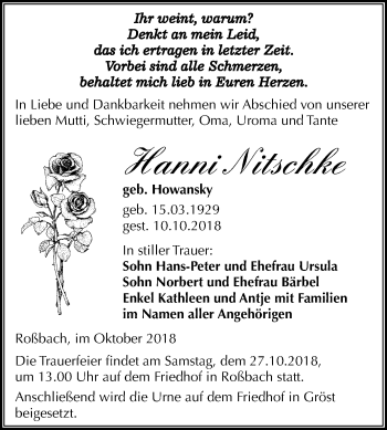 Traueranzeige von Hanni Nitschke von Mitteldeutsche Zeitung Merseburg/Querfurt