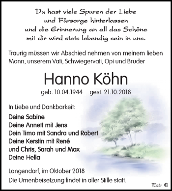 Traueranzeige von Hanno Köhn von Mitteldeutsche Zeitung Weißenfels