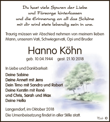 Traueranzeige von Hanno Köhn von WVG - Wochenspiegel NMB / WSF / ZTZ