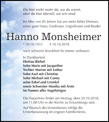 Traueranzeige von Hanno Monsheimer von Mitteldeutsche Zeitung
