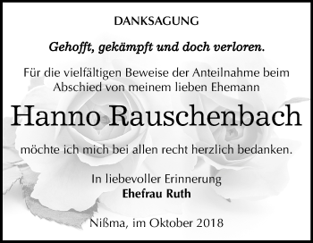 Traueranzeige von Hanno Rauschenbach von Mitteldeutsche Zeitung Zeitz