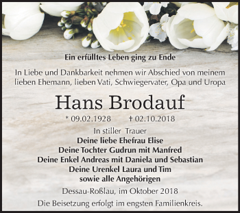 Traueranzeige von Hans Brodauf von Mitteldeutsche Zeitung Bitterfeld
