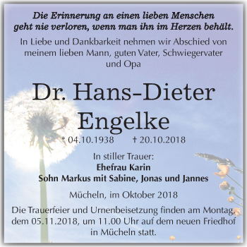 Traueranzeige von Hans-Dieter Engelke von Mitteldeutsche Zeitung Merseburg/Querfurt