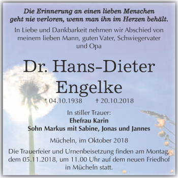 Traueranzeige von Hans-Dieter Engelke von WVG - Wochenspiegel Merseburg