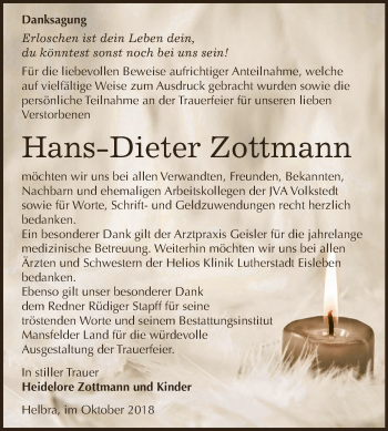 Traueranzeige von Hans-Dieter Zottmann von Super Sonntag SGH Mansf. Land