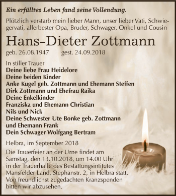 Traueranzeige von Hans-Dieter Zottmann von Super Sonntag SGH Mansf. Land