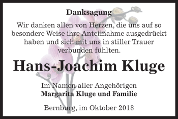 Traueranzeige von Hans-Joachim Kluge von Mitteldeutsche Zeitung Bernburg