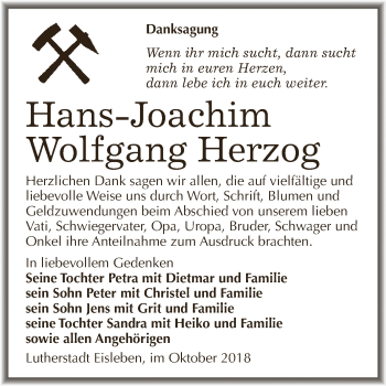 Traueranzeige von Hans-Joachim Wolfgang Herzog von Super Sonntag SGH Mansf. Land