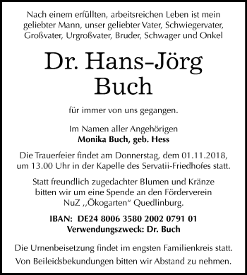Traueranzeige von Hans-Jörg Buch von Mitteldeutsche Zeitung Quedlinburg
