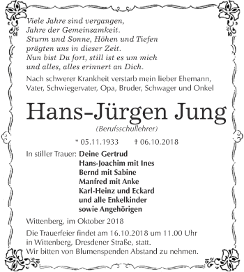 Traueranzeige von Hans-Jürgen Jung von Super Sonntag Wittenberg