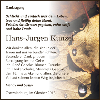 Traueranzeige von Hans-Jürgen Künzel von WVG - Wochenspiegel Dessau / Köthen