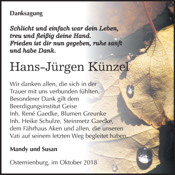 Traueranzeige von Hans-Jürgen Künzel von Mitteldeutsche Zeitung Köthen