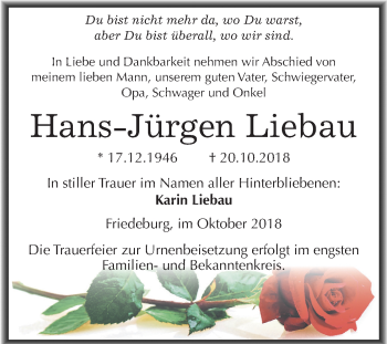 Traueranzeige von Hans-Jürgen Liebau von Mitteldeutsche Zeitung