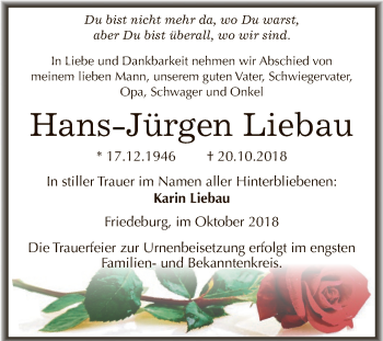 Traueranzeige von Hans-Jürgen Liebau von Super Sonntag SGH Mansf. Land