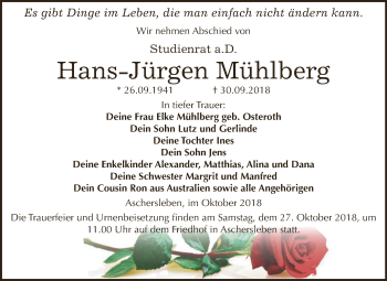 Traueranzeige von Hans-Jürgen Mühlberg von Super Sonntag Aschersleben