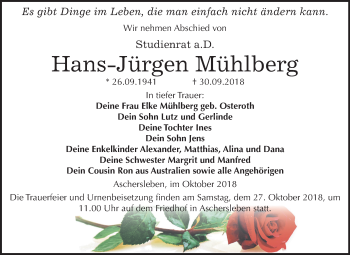Traueranzeige von Hans-Jürgen Mühlberg von Mitteldeutsche Zeitung Aschersleben