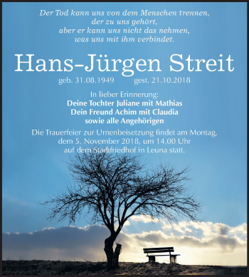 Traueranzeige von Hans-Jürgen Streit von Mitteldeutsche Zeitung Merseburg/Querfurt