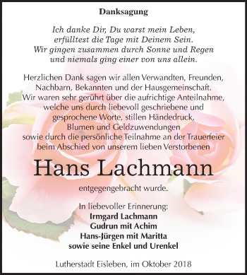 Traueranzeige von Hans Lachmann von Mitteldeutsche Zeitung