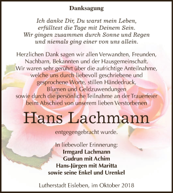 Traueranzeige von Hans Lachmann von Wochenspiegel Mansfelder Land