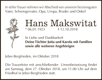Traueranzeige von Hans Makswitat von WVG - Wochenspiegel Dessau / Köthen