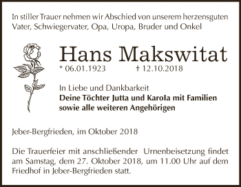 Traueranzeige von Hans Makswitat von WVG - Wochenspiegel Dessau / Köthen