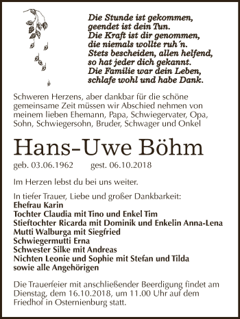 Traueranzeige von Hans-Uwe Böhm von WVG - Wochenspiegel Dessau / Köthen
