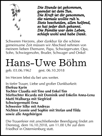 Traueranzeige von Hans-Uwe Böhm von Mitteldeutsche Zeitung Köthen